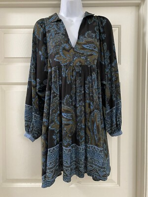 Free People Blue Green Paisley Satin Peasant Boho Shirt Dress Womens XS |  eBay