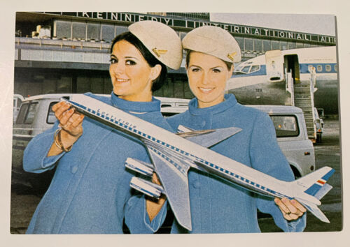 Vintage Look Greeting Card Icelandair Stewardess Douglas DC-8 1960s Reproduction - Picture 1 of 2