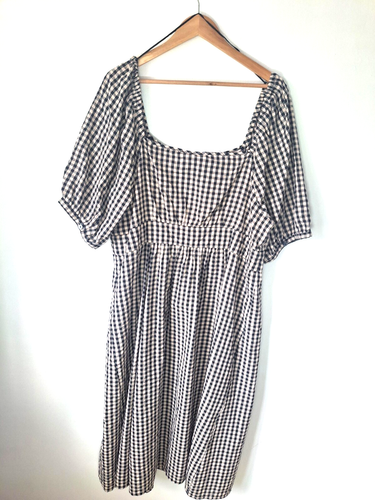 Monsoon Dress Uk 22 Taupe Maxi Checked Square Neck Short Sleeves Cotton NWT - Picture 12 of 12