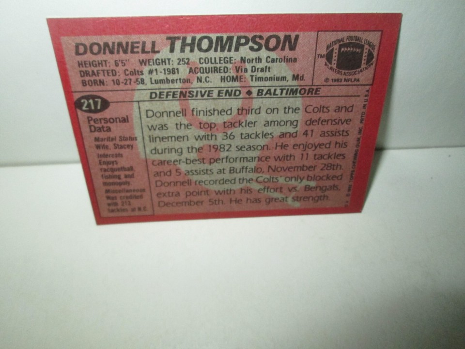 DONNELL THOMPSON 1983 Topps Card #217 Rookie Rc INDIANAPOLIS COLTS ...
