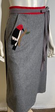 VTG 60s Woodpecker Bird Applique Wool Wrap Skirt S 4 6 8 Retro Gray Red Crabtree