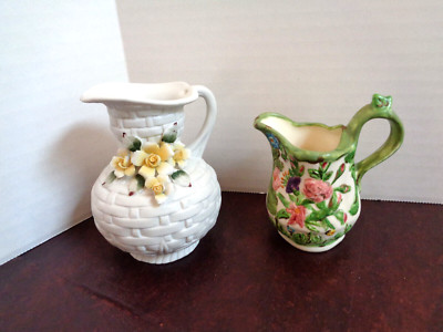 Lot of 2 Collectible Small Decorative Ceramic Pitcher Vases Nick Nacks