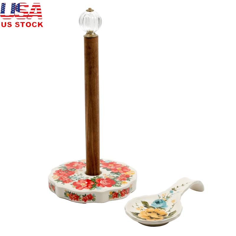 Vintage Floral Acacia Wood Spoon Rest and Paper Towel Holder Kitchen Decor