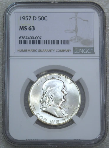 1957-D Franklin Half Dollar NGC MS63 95% Full Bell Lines Frosty Luster #F91A