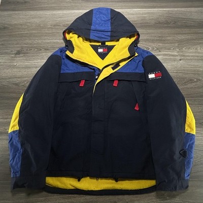 Vintage 90s Tommy Hilfiger Jacket Mens Large Colorblock Hooded Fleece Winter Ski