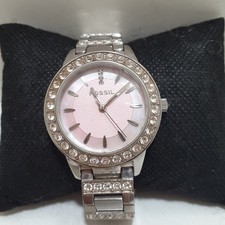 Reloj de pulsera Fossil para dama bisel de diamantes de imitación esfera rosa MOP