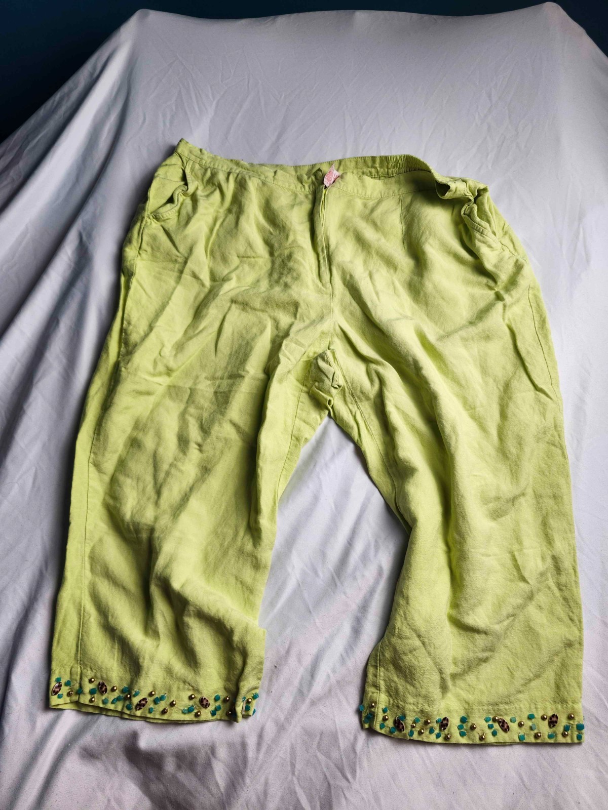Ruby Rd Cropped Pants Womens 20W Plus Size Green Beaded Boho Coastal Grandmacore