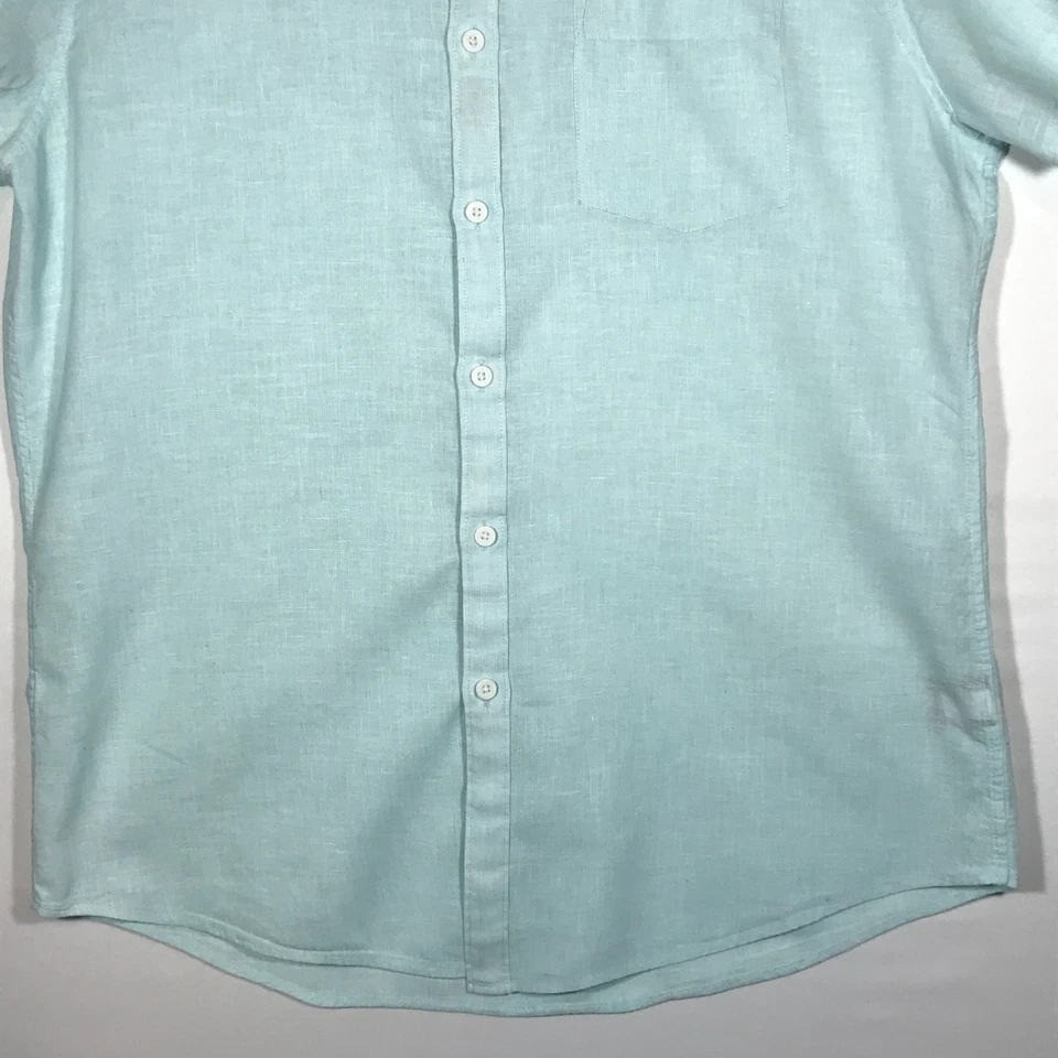 Camisa de manga corta con botones Marc Anthony para hombre calce ajustado mediana mezcla de lino aguamarina Foto 4 de 4