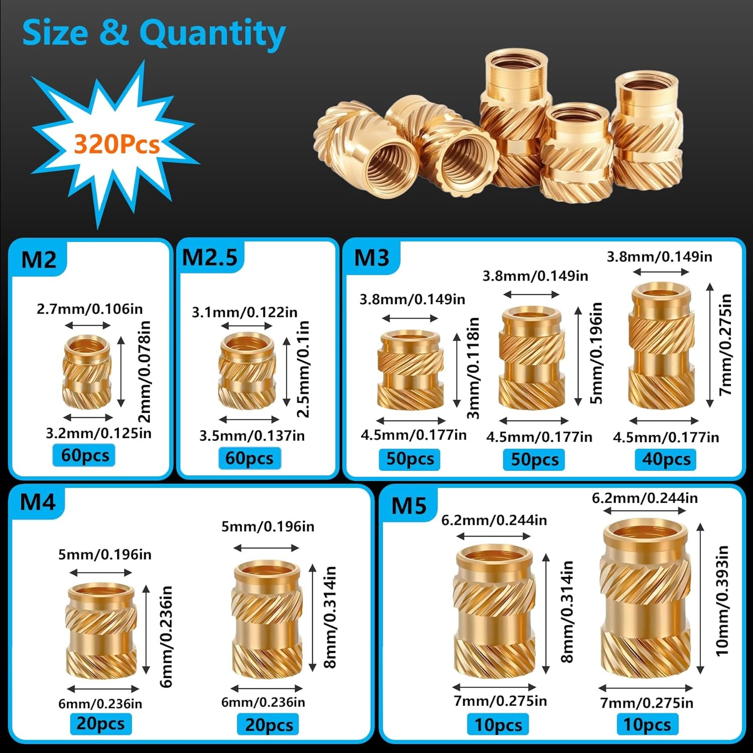 320+8Pcs Premium Brass Threaded Inserts，M2 M2.5 M3 M4 M5 Thread Metric Knurled