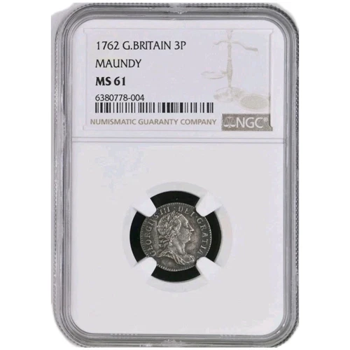 1762 Great Britain 3P Pence Maundy,Slabbed By NGC MS61