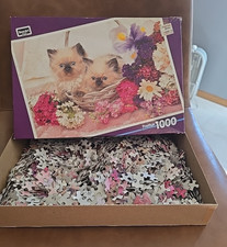 Vintage 1996 RoseArt Prestige Kitten Feline Floral 1000 Piece Jigsaw Puzzle