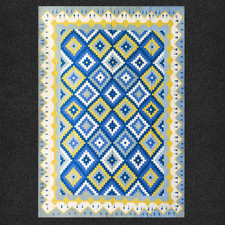 Handwoven Cotton Dhurrie Rug Color Blue, Yellow and White Design Carpet Rug
