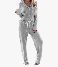 Women's Pajama Set Long Sleeve Button Down Sleepwear Size Large Light Gray