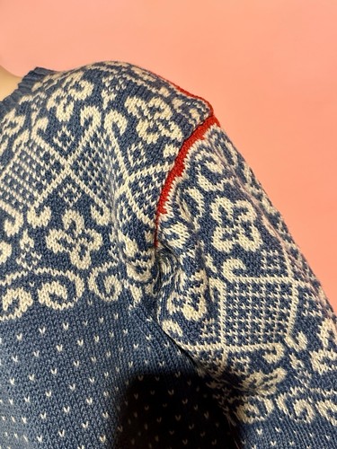 Vtg. Hand Knit Norwegian Wool Pullover Sweater for Light Blue, White & Red - Picture 2 of 13