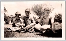 Vtg B&W Snapshot Three Kids In Yard Sun Dresses & Stripes 1950s