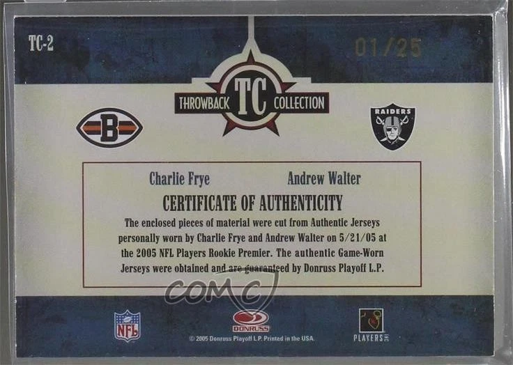 2005 Donruss Throwback Threads Material Prime /25 Charlie Frye #TC-2 Rookie RC - Image 2 of 2