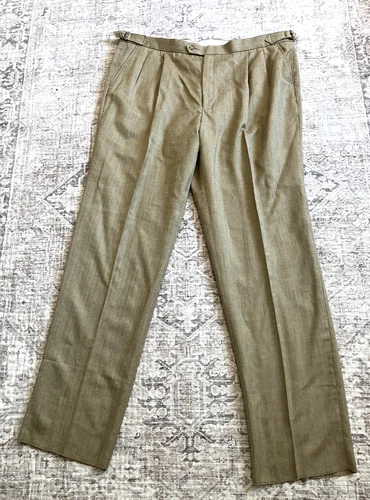 PAUL FREDERICK MEN'S SILK & WOOL BROWN PANTS PLEATED FRONT SIZE 44, UNHEMMED NWT