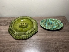 Pair of Vintage Ceramic MCM 1970 Ceramic Drip Ashtray + Harvest Green