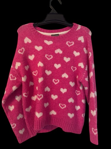 Girls Fuchsia Sweater With White Hearts - Picture 1 of 6