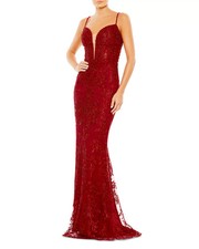 Mac Duggal Red Beaded Beaded Embroidered Plunge Neck Gown Size 12 $598