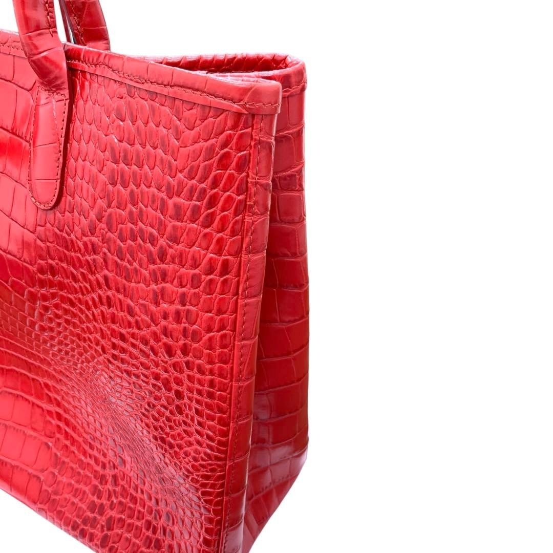 Longchamp Rozo Tote Handbag Red Croc Embossed Leather 2000s Authentic image 8