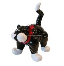 Russ Berrie Whimsical Ceramic Black Cat w/ Red Bow, Long Whiskers