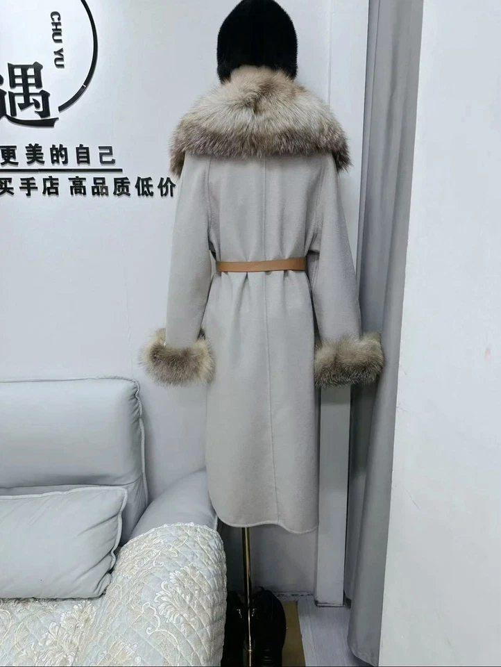 Luxury 100% cashmere real fox fur long coat overcoat old money designer style  - Image 3 of 4