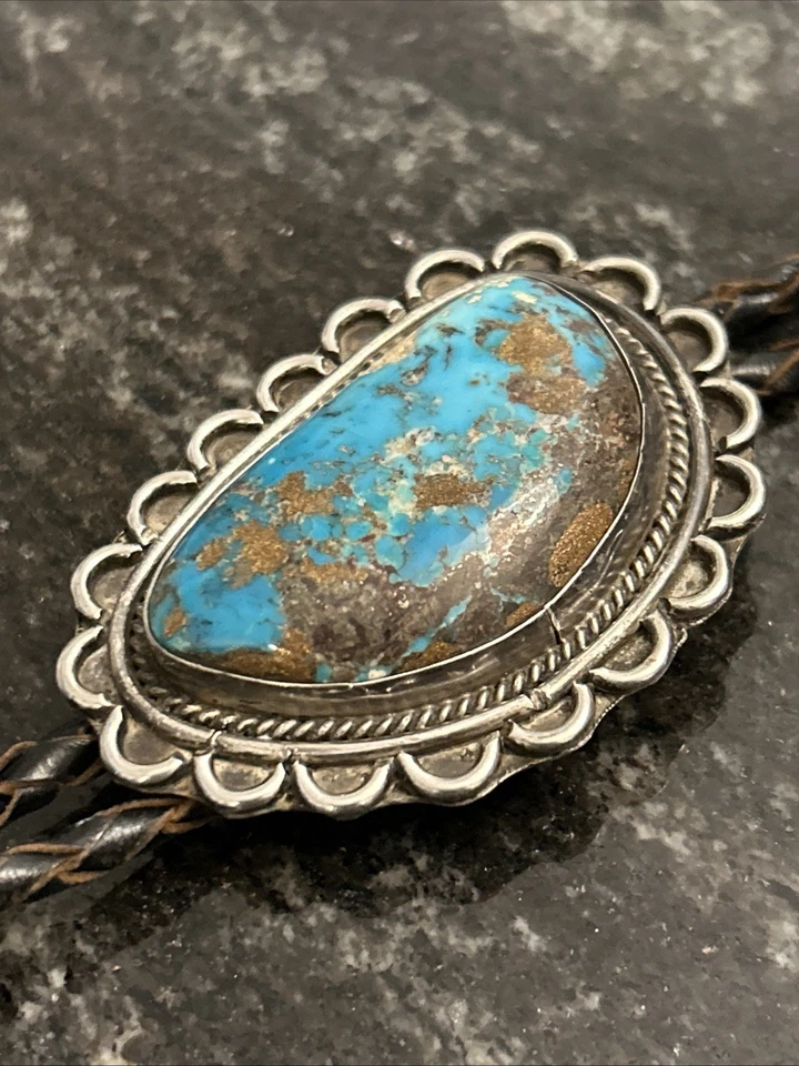 Corbata De Colección Bennett Bolo C-31 Navajo Nativo Americano Plata Turquesa Piedra Grande Foto 4 de 4