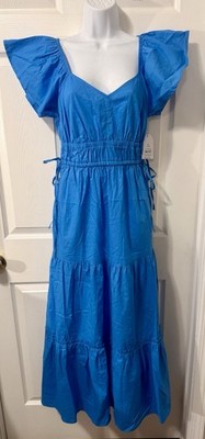 NWT Time & Tru Crepe Tiered Cap Sleeve Pastel Blue Stretch Pocket Dress S( 4-6)