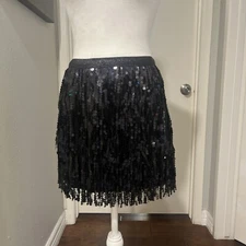 iiniim Women's Sequin Fringe Skirt Faux Leather Double Layer Black Size 4