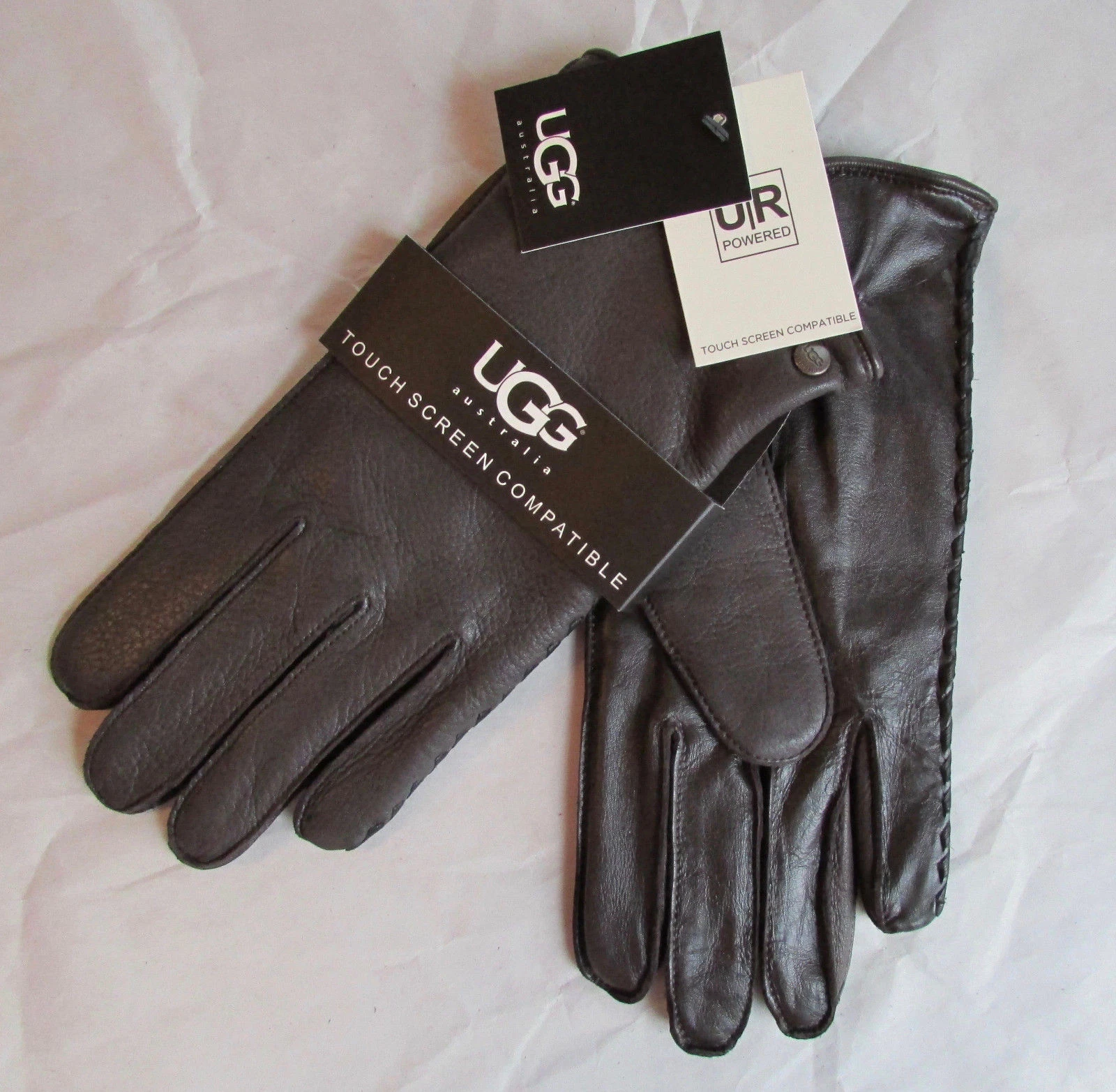 UGG Tech Leather Gloves 100% Wool Lined Darin Side Whip Stitch Brown Med New