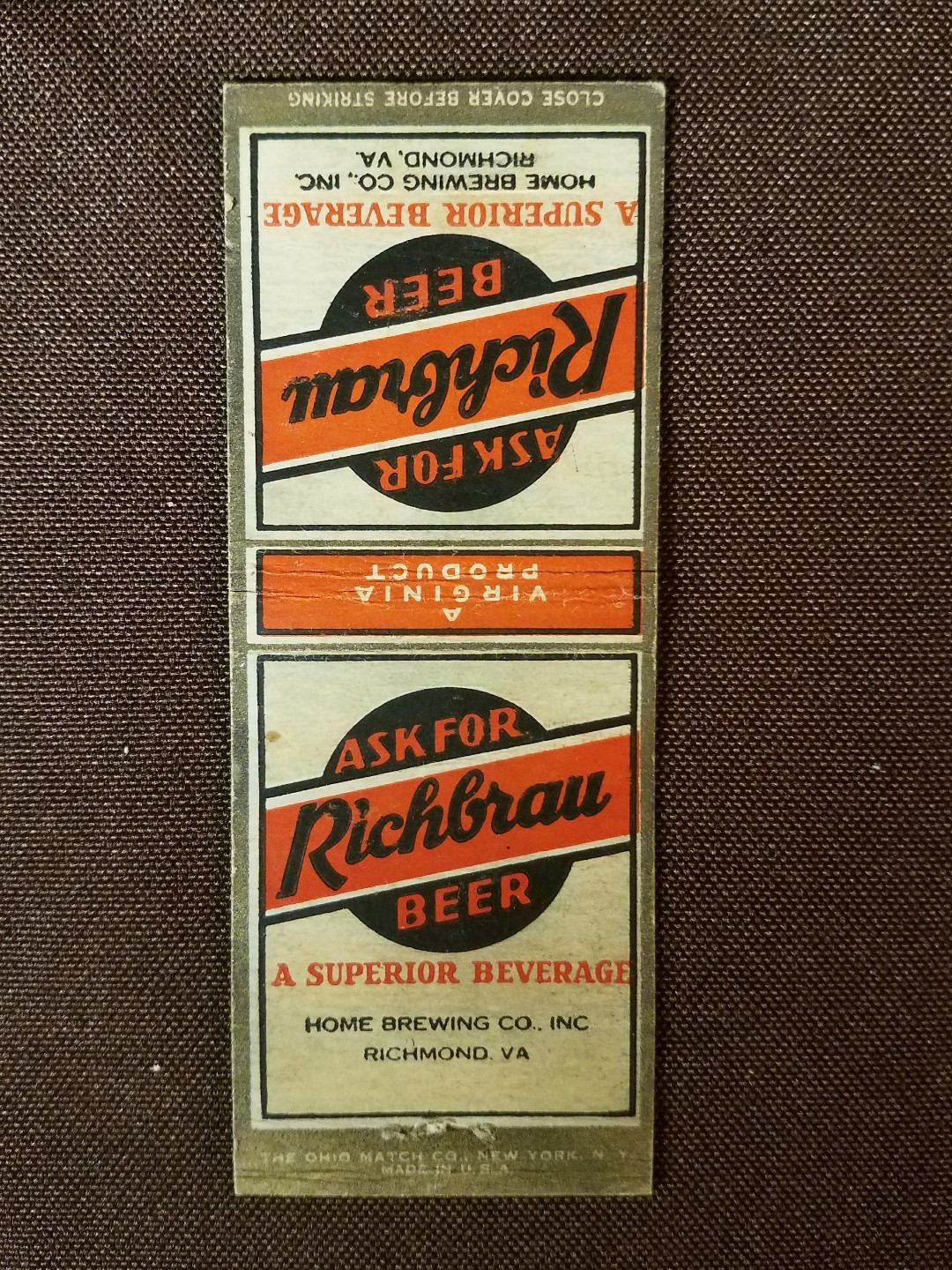 Matchcover Richbrau Beer, Home Brewing Co. Richmond VA eBay