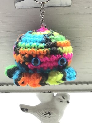NEW Neon & Black  Mini OCTOPUS Pendant Key Ring Crochet Handmade Plush Keychain