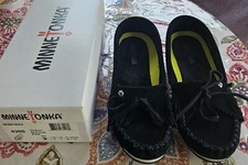  65 MINNETONKA KILTY PLUS BLACK SUEDE MOCCASINS- SIZE 9- GENTLY WORN CONDITION 