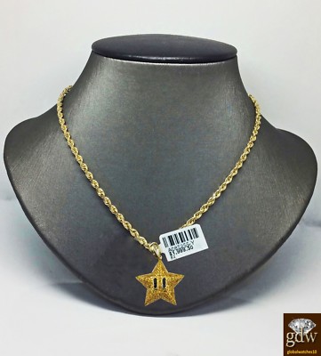 Real 10k Yellow Gold Diamond Star Emoji Charm 26 Inch 3mm Rope Chain