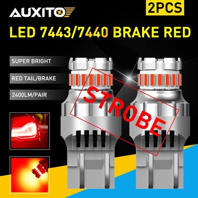 2x 7443 7440 7444 LED Red Bright Strobe Flash Brake Tail Light Stop Bulbs AUXITO