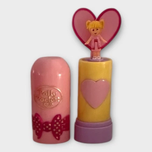 POLLY POCKET 1992 Pop Up PINK Bow Lipstick  w/ a Polly EXCELLENT GOLD LOGO