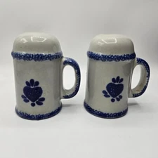 Hermitage Pottery Blue Spongeware S&P Shakers with Heart Details & Handles EUC