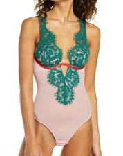 Dora Larsen Cleo Plunge Neck Bodysuit teddy sz S ( 6  )green / pink / red