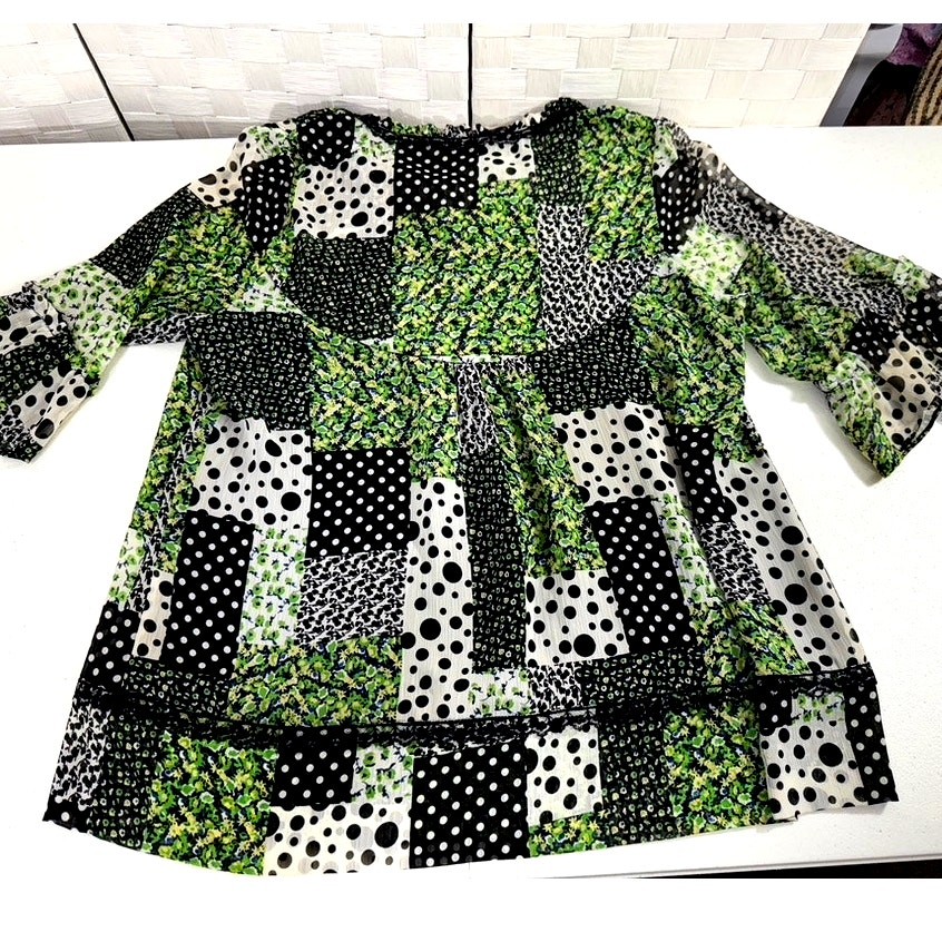 "Notations" Patchwork Sheer Blouse, TIe in Front,… - image 8