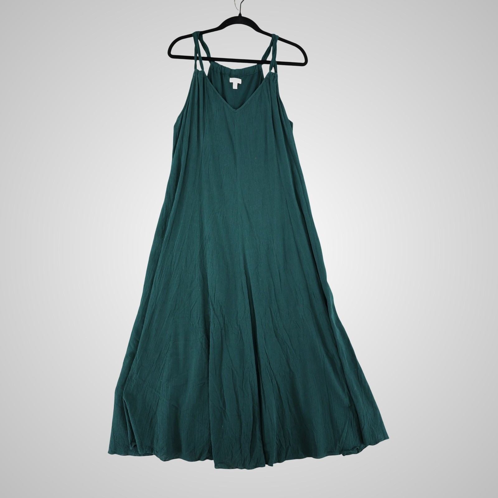 Garnet Hill Cotton Maxi Dress Womens XL Forest Green Crinkle Twisted Strap Boho