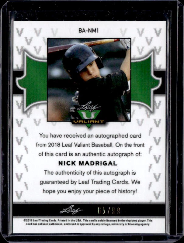 2018 Leaf Valiant #BA-NM1 Nick Madrigal Green #65/99 - Image 2 of 2