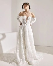Lace Wedding Dresses Sweetheart Full Sleeves Bridal Gowns Long Train Bride Dress