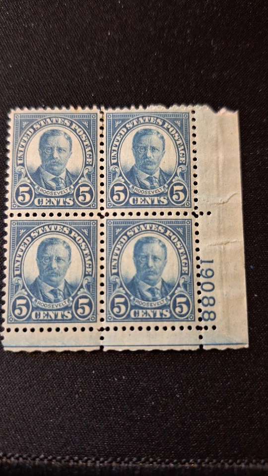 Scott #637, M/F/NH, Roosevelt, 5 cent, #Blk of 4, Dark Blue, 1927, perf 11x10.5 - Image 2 of 3