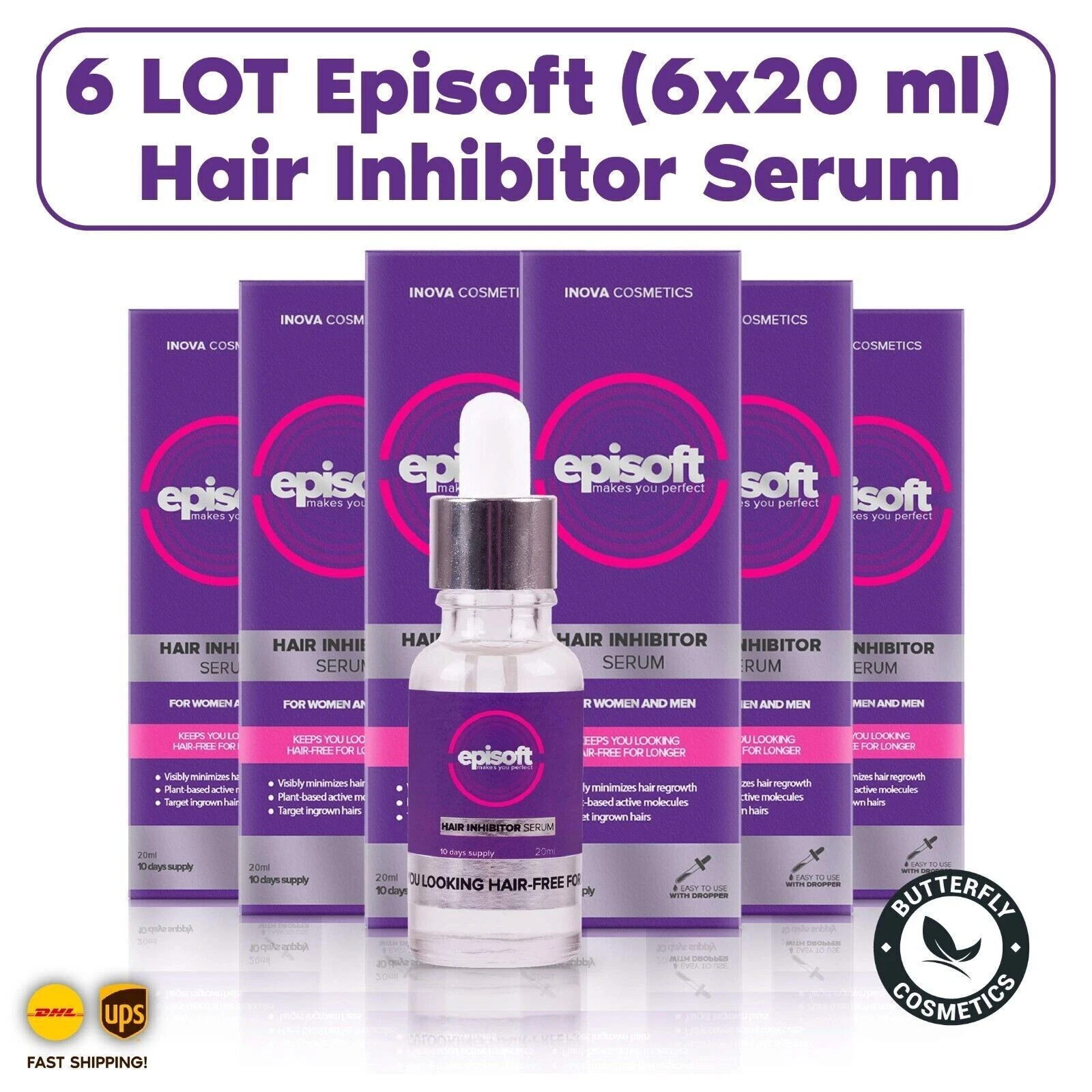 6 LOT Bubbly Episoft Hair Inhibitor 6x20 ml 100% Organic Clinically Tested
