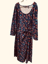 Lands End Women Blue Floral Dress Twist Waist 3/4 Sleeve Casual Knit Midi Size S