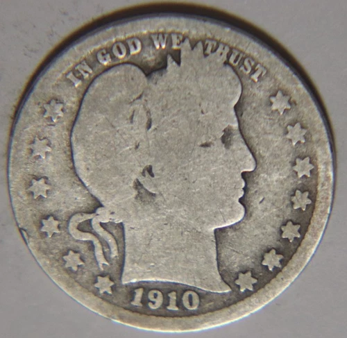 1910 Barber Quarter 25C Cents Coin Silver