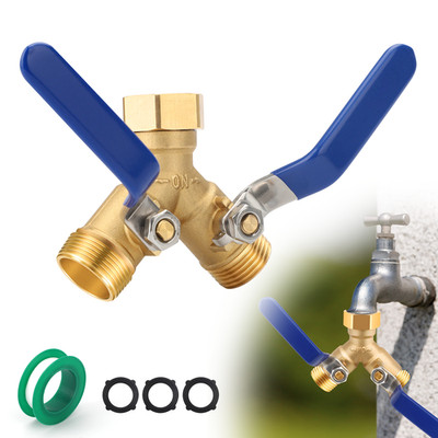 Heavy Duty 2-Way Garden Hose Splitter Brass Faucet Adapter w/ Handle Outdoor Use
