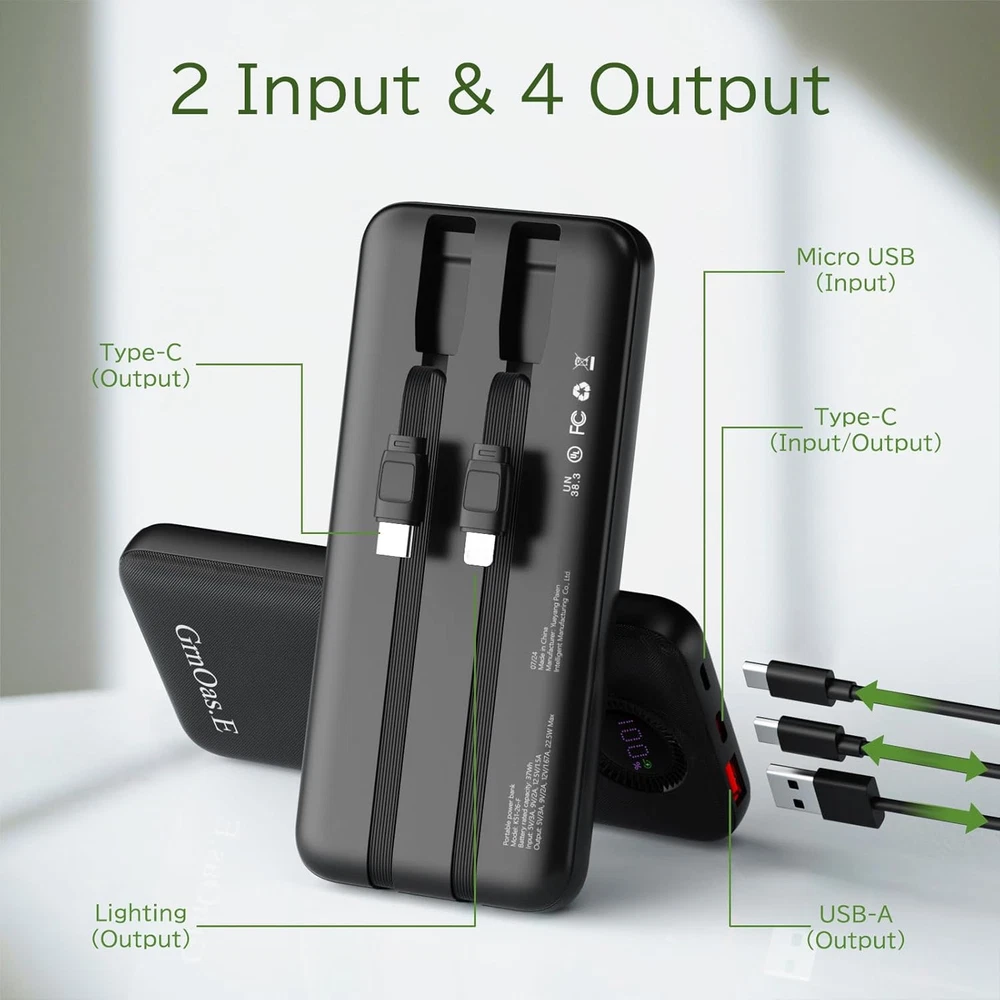 Power Bank 10000mAh,22.5W Max Portable Charger with With Cables, Pearl Black
