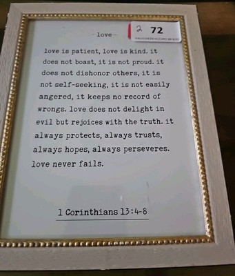 Framed Bible Verse 1 Corinthians 13: 4-8 Petal Lane Glass 